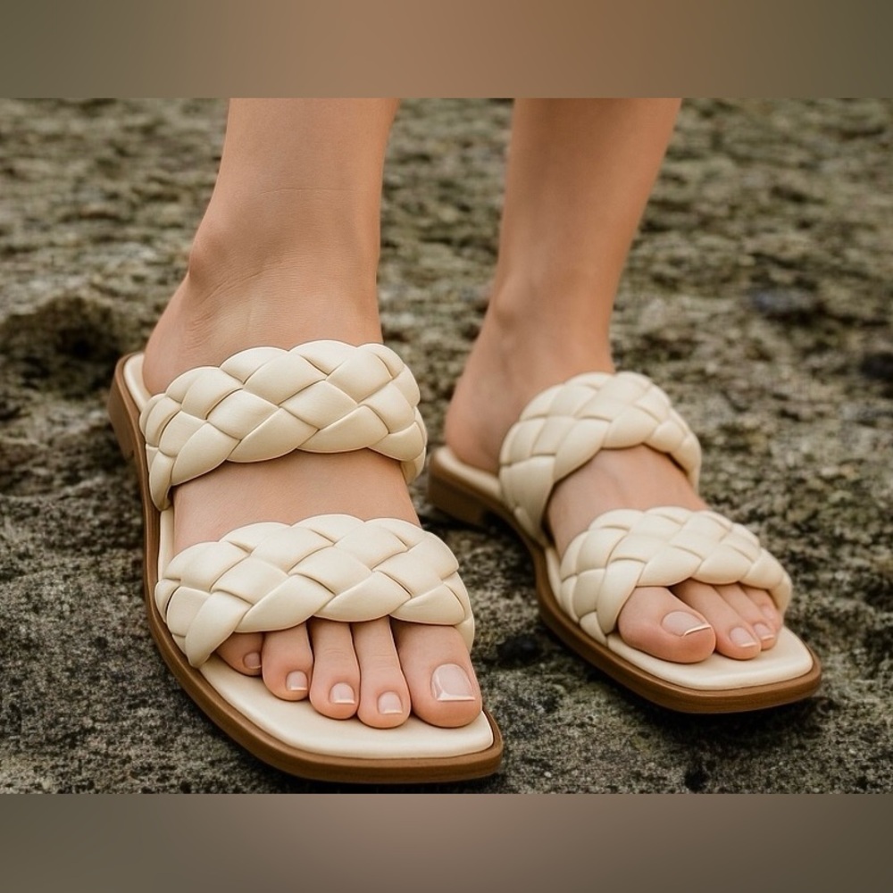Time And Tru Cream Faux Leather Braided Two Strap Sandals Womens 6‎
